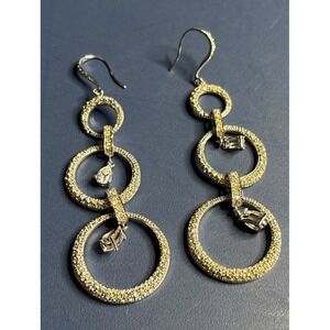 Silver‎ Tone Triple Hoop Dangle Earrings w/ Rhinestones & Drops • Statement Glam